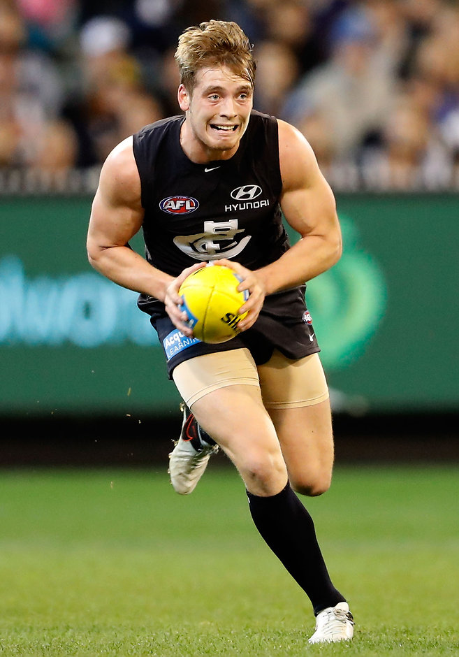 AFL 2016 Rd 15 - Carlton v Collingwood MELBOURNE, AUSTRALIA - JULY 02: Ciaran Byrne of the Blues in action during the 2016 AFL Round 15 match between the Carlton Blues and the Collingwood Magpies at the Melbourne Cricket Ground on July 2, 2016 in Melbourne, Australia. (Photo by Adam Trafford/AFL Media)